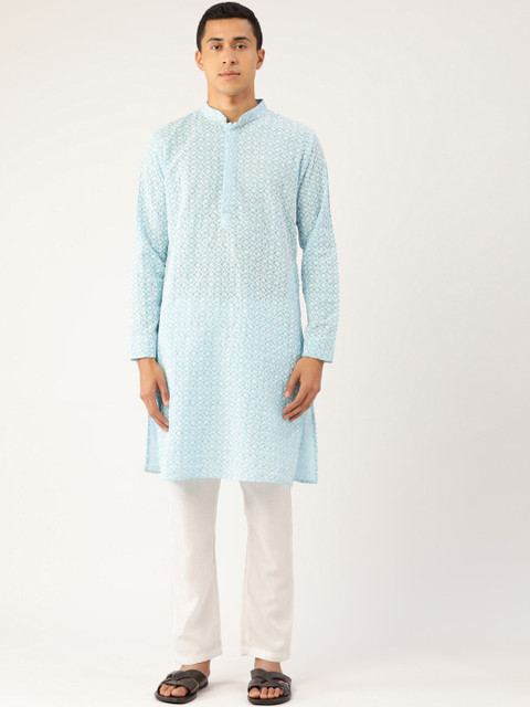 

Molly & Michel Men Blue Embroidered Pure Cotton Kurta with Pyjamas