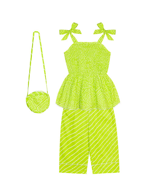 

Budding Bees Girls Lime Green & White Printed Top and Trousers With Matching Hand Bag