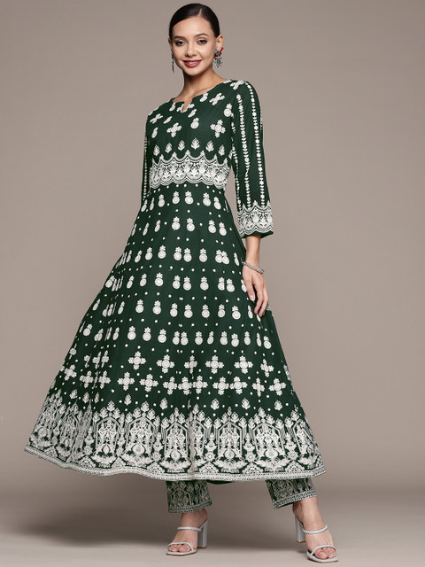 

Anubhutee Women Green Ethnic Motifs Embroidered Thread Work Kurta with Trousers