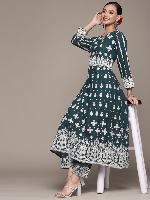 

Anubhutee Women Teal Ethnic Motifs Embroidered Thread Work Kurta with Trousers