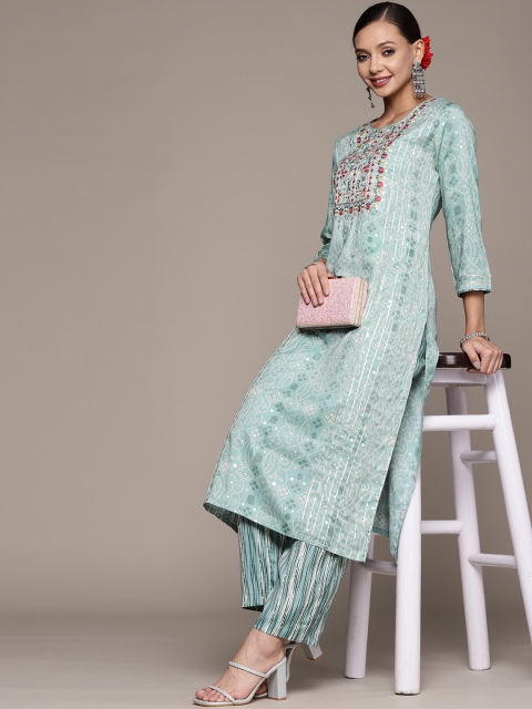 

Anubhutee Women Blue Bandhani Printed Thread Work Kurta with Trousers