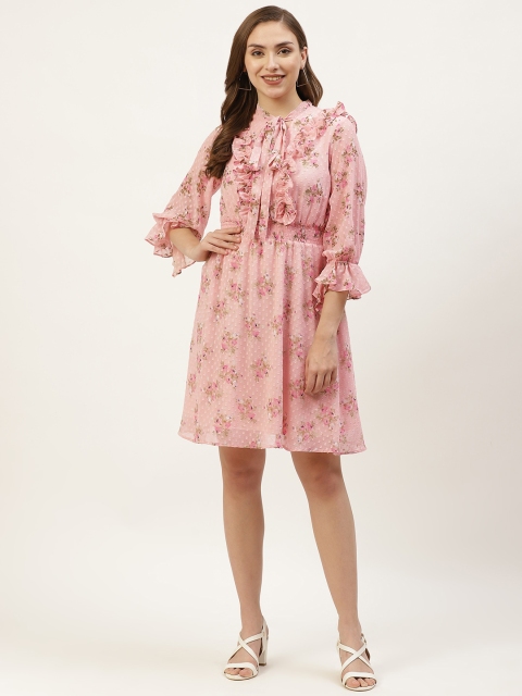 

BOOI Pink Floral Tie-Up Neck Georgette A-Line Dress