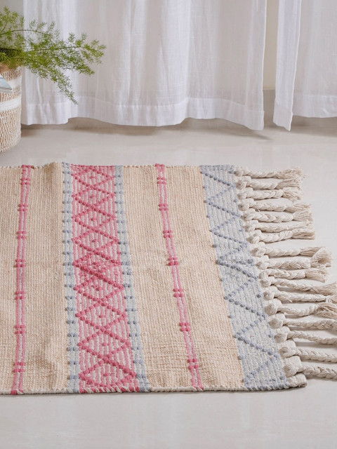 

Nestasia Beige & Pink Handwoven Cotton Floor Carpet