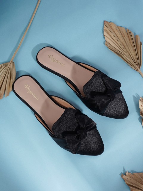 

VAYONAA Women Regular Slip-On Black Textured Bows Mules Flats