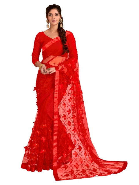 

DITISA FASHION Red Floral Embroidered Net Saree