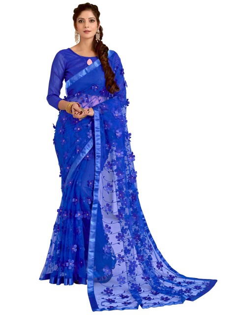 

DITISA FASHION Blue Floral Embroidered Net Saree