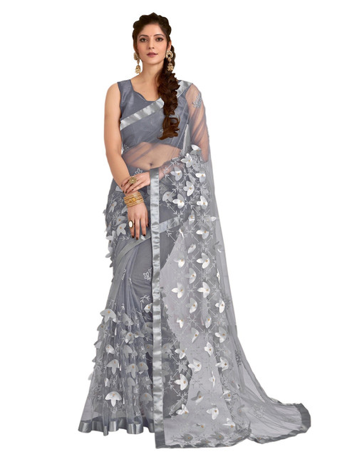 

DITISA FASHION Silver-Toned Floral Embroidered Net Saree