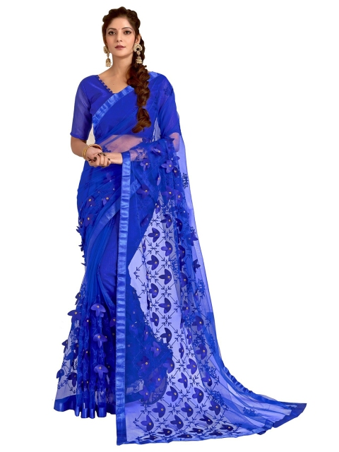 

DITISA FASHION Blue Floral Embroidered Net Saree