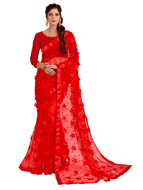 

DITISA FASHION Red Floral Embroidered Net Saree