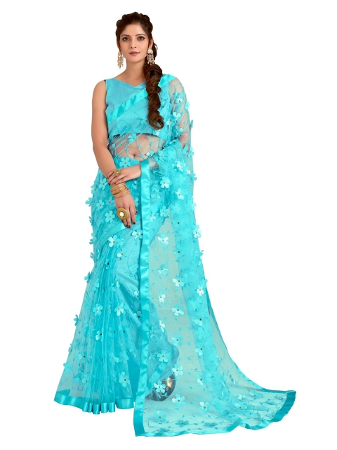 

DITISA FASHION Women Turquoise Blue Floral Embroidered Net Saree