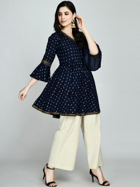 

MAFE Women Navy Blue Floral Flared Sleeves Gotta Patti Kurta