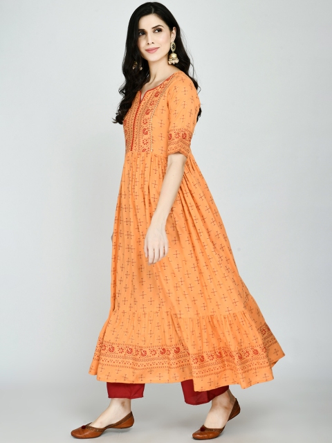 

MAFE Women Orange Ethnic Motifs Printed Flared Sleeves Anarkali Kurta