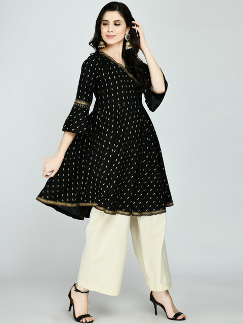 

MAFE Women Black & Gold-Toned Geometric Flared Sleeves Thread Work Anarkali Kurta