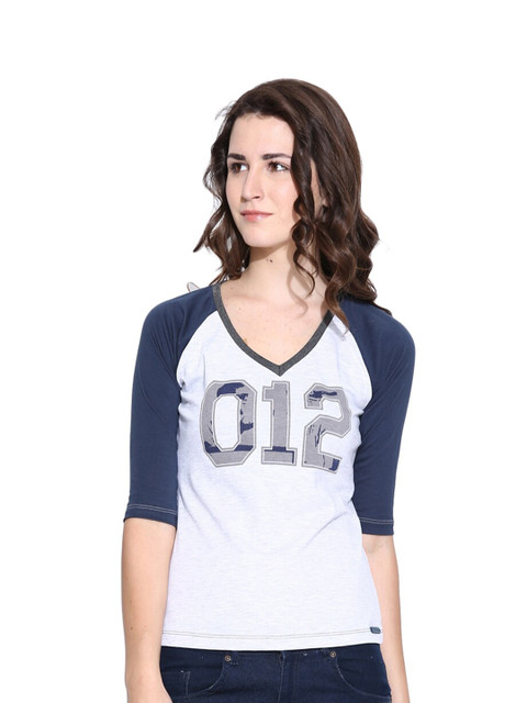 

CULT FICTION Women White & Navy Blue Printed V-Neck T-shirt