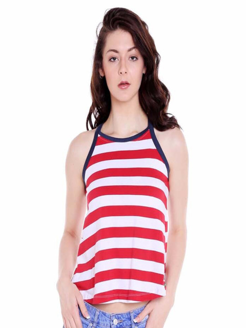 

CULT FICTION Women Red & White Striped Halter Neck T-shirt