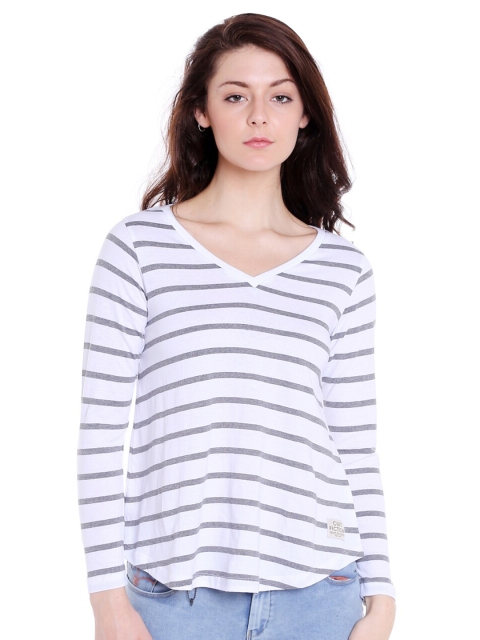 

CULT FICTION Women Grey & magnolia Striped V-Neck T-shirt