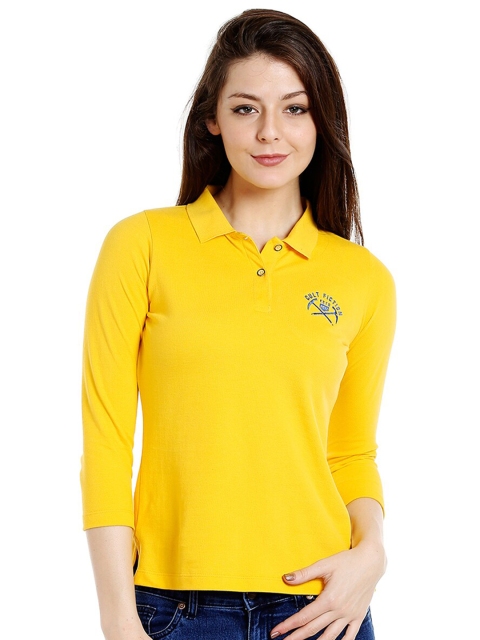 

CULT FICTION Women Yellow Cotton Collar T-shirt