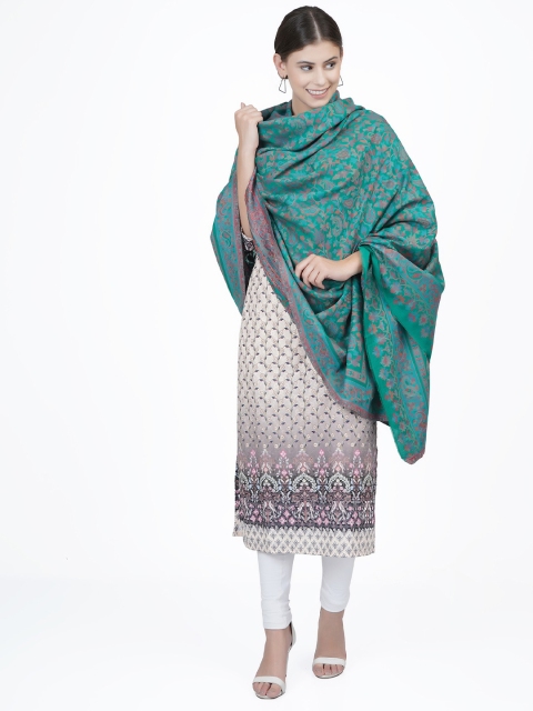 

La Vastraa Women Green Printed Pure Wool Shawl
