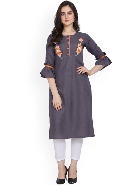 

Hinayat Fashion Women Grey Embroidered Bell Sleeves Kurta