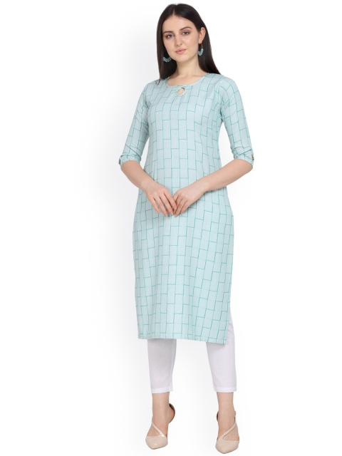 

Hinayat Fashion Women Blue Checked Keyhole Neck cotton Kurta