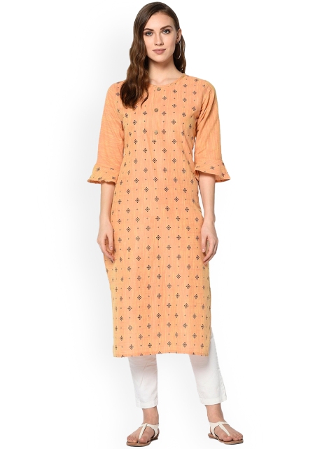 

Hinayat Fashion Women Orange Geometric Printed Mirror Work Kurta