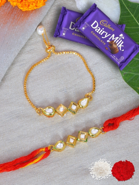 

Crunchy Fashion Set of 2 Kundan Rakhi Set With Chocolates, Gold