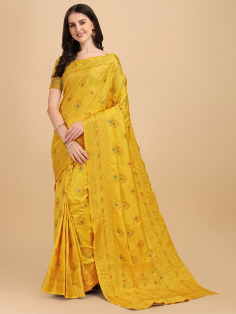 

BESUCHER Women Yellow & Blue Woven Design Zari Art Silk Kanjeevaram Saree