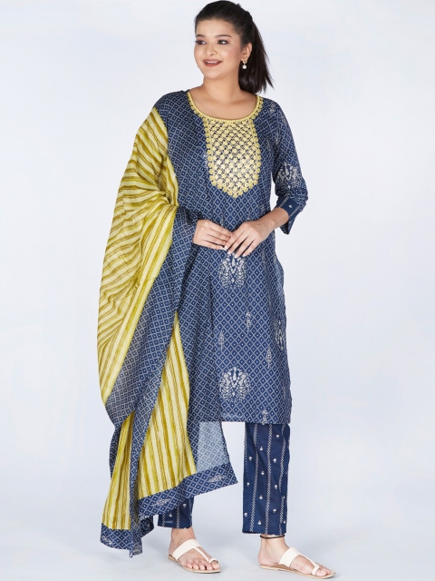 

taruni Women Blue Ethnic Motifs Printed Layered Mirror Work Pure Cotton Kurta with Palazzos & With Dupatta