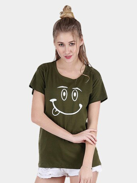 

BROADSTAR Women Olive Green Printed T-shirt