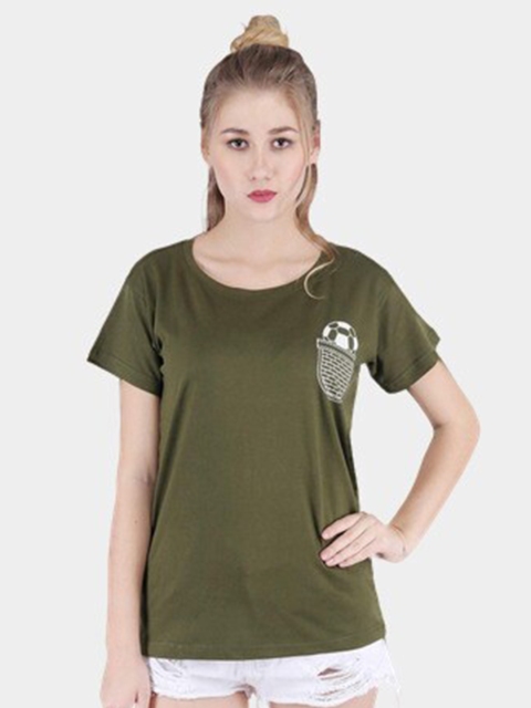 

BROADSTAR Women Olive Green Extended Sleeves Applique T-shirt