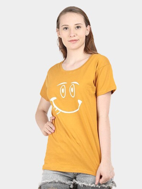 

BROADSTAR Women Mustard Yellow Printed Extended Sleeves T-shirt