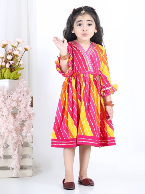 

Kinder Kids Girls Pink & Orange Ethnic Leheriya Printed Fit & Flare Dress