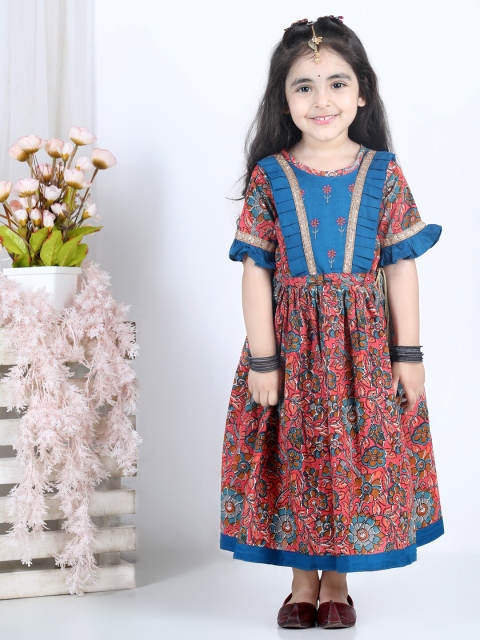 

Kinder Kids Girls Pink & Blue Kalamkari Printed Ethnic Fit & Flare Maxi Dress