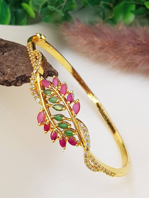 

GRIIHAM Women Pink & Green Gold-Plated CZ Bracelet Kada Bangle