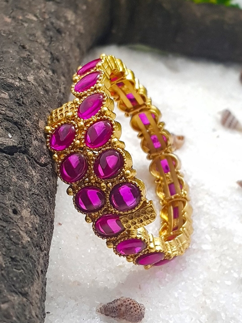 

GRIIHAM Gold-Plated & Magenta Cubic Zirconia Studded Bracelet Kada
