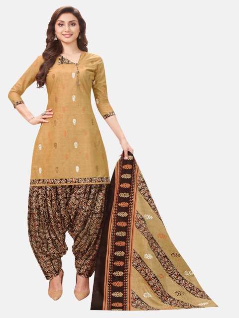 

SALWAR STUDIO Beige & White Printed Pure Cotton Unstitched Dress Material