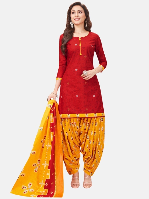 

SALWAR STUDIO Red & Mustard Printed Pure Cotton Unstitched Dress Material