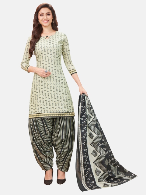 

SALWAR STUDIO Cream-Coloured & Black Printed Pure Cotton Unstitched Dress Material