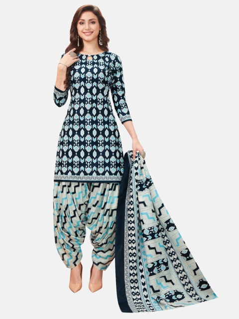 

SALWAR STUDIO Blue & White Printed Pure Cotton Unstitched Dress Material