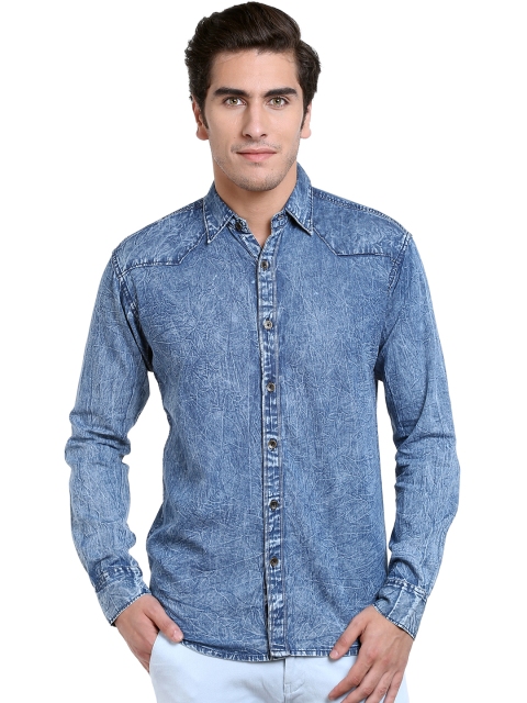 

High Star Men Blue Slim Fit Faded Denim Shirt