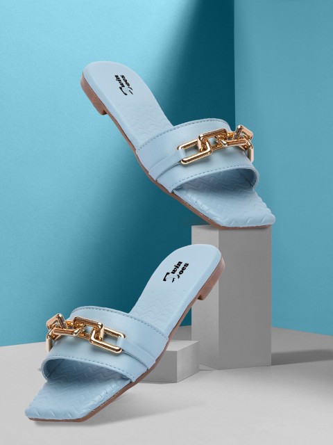 

TWIN TOES Women Leather Slip-On Open Toe Blue Textured Flats