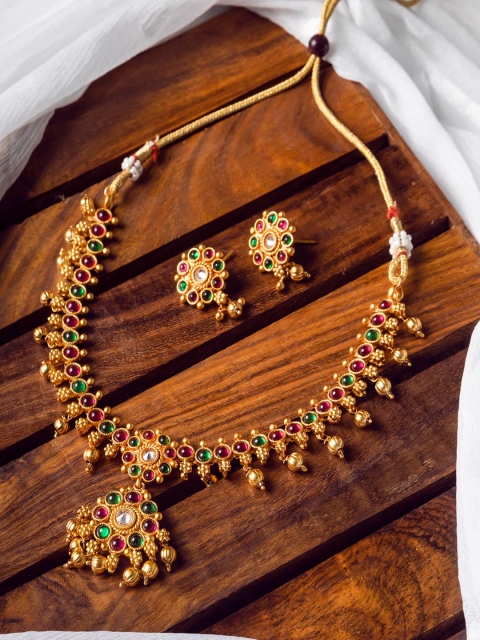 

StileAdda Gold-Plated Red & Green Stone-Studded & Beaded Jewellery Set