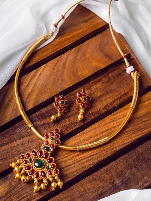 

StileAdda Gold-Plated Red & Green Stone-Studded Jewellery Set