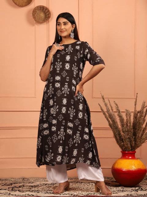 

MISHRI COLLECTION Women Black & White Ethnic Motifs Printed A-line Kurta