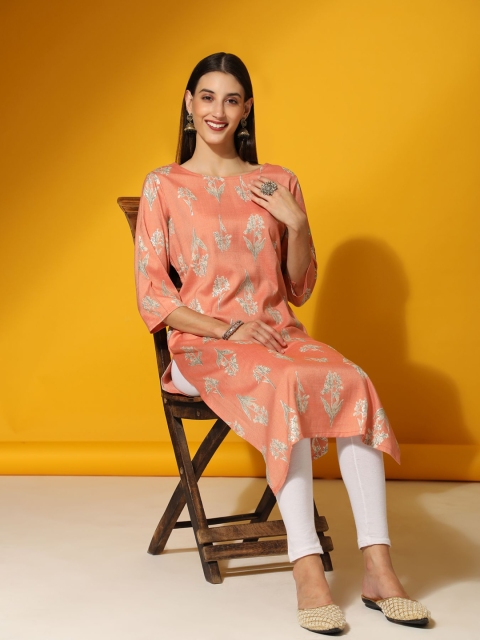 

MISHRI COLLECTION Women Peach-Coloured & Grey Floral Printed Kurta