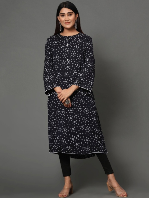 

MISHRI COLLECTION Women Black & White Bandhani Printed Bell Sleeves Kurta