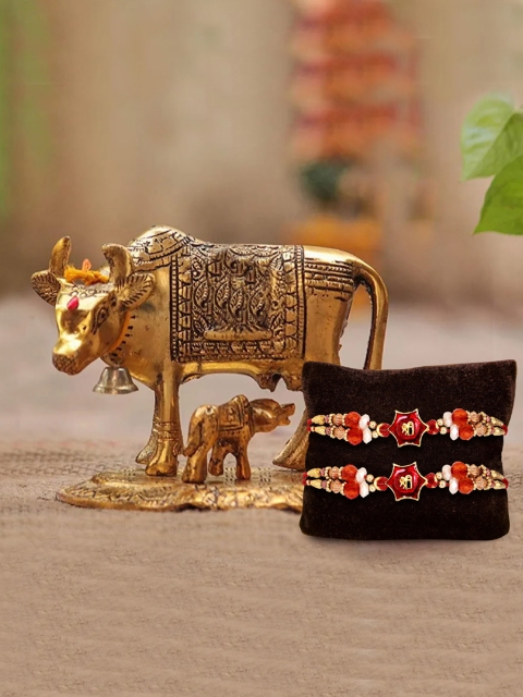 

TIED RIBBONS Men Set of 2 Multicoloured Rakhi & Cow with Calf Idol Gift Set, Multi