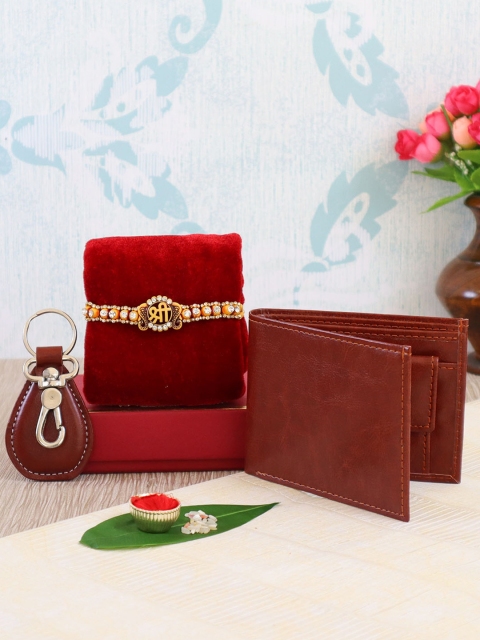 

TIED RIBBONS Men Shree Rakhi with Lather Wallet & Keychain Combo Gift Set, Gold