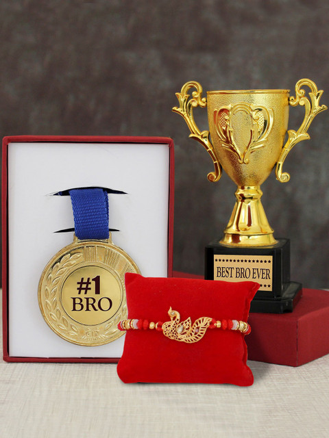 

TIED RIBBONS Gold-Toned Peacock Rakhi With Trophy & Medal