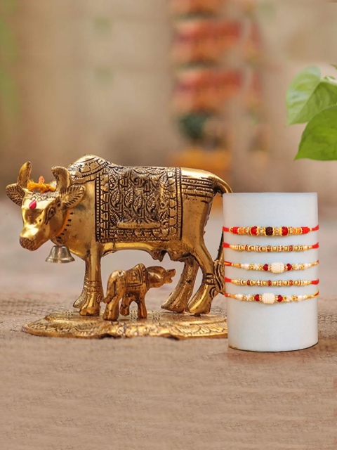 

TIED RIBBONS Men Gold-Toned Set of 5 Rakhi for Brother & Cow with Calf Idol Gift Set